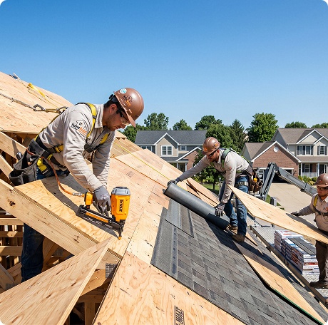 HomeBuild roofing crew nailing shingles during roof replacement Chicago area