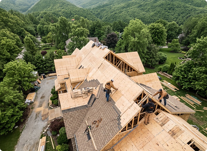 HomeBuild roofing contractor crew working on residential roof replacement - aerial view Chicago suburbs