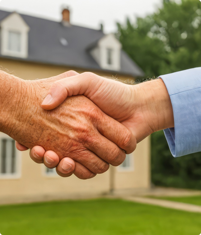 HomeBuild Roofing contractor and homeowner handshake - trusted family-owned roofing company Chicago suburbs