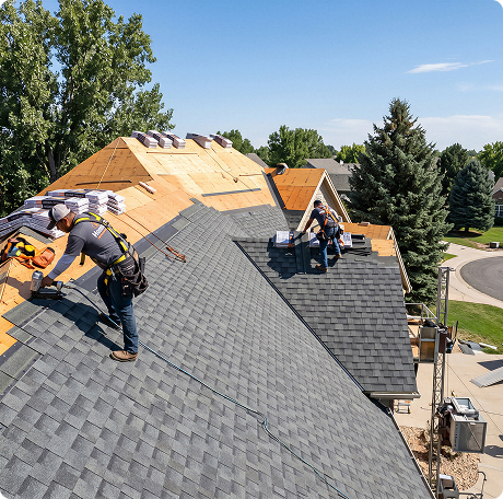 HomeBuild roofing contractor installing asphalt shingles on residential roof Chicago suburbs