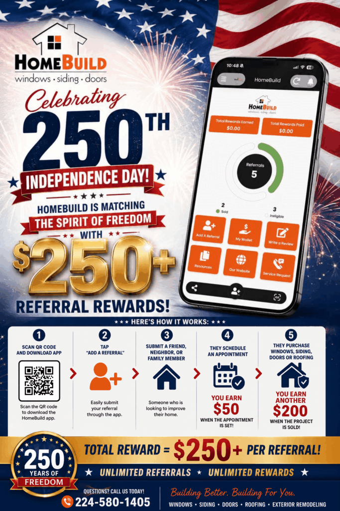 Celebrating 250 Years of American Independence!
HomeBuild is Matching the Spirit of Freedom with $250 Referral Rewards!