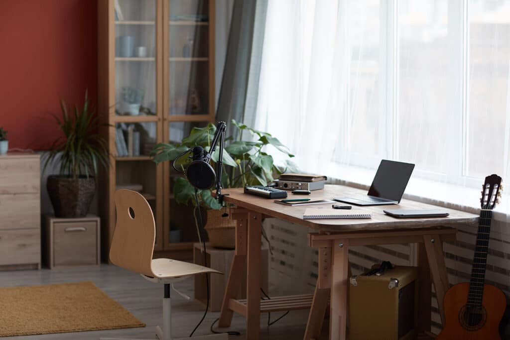 home office with windows