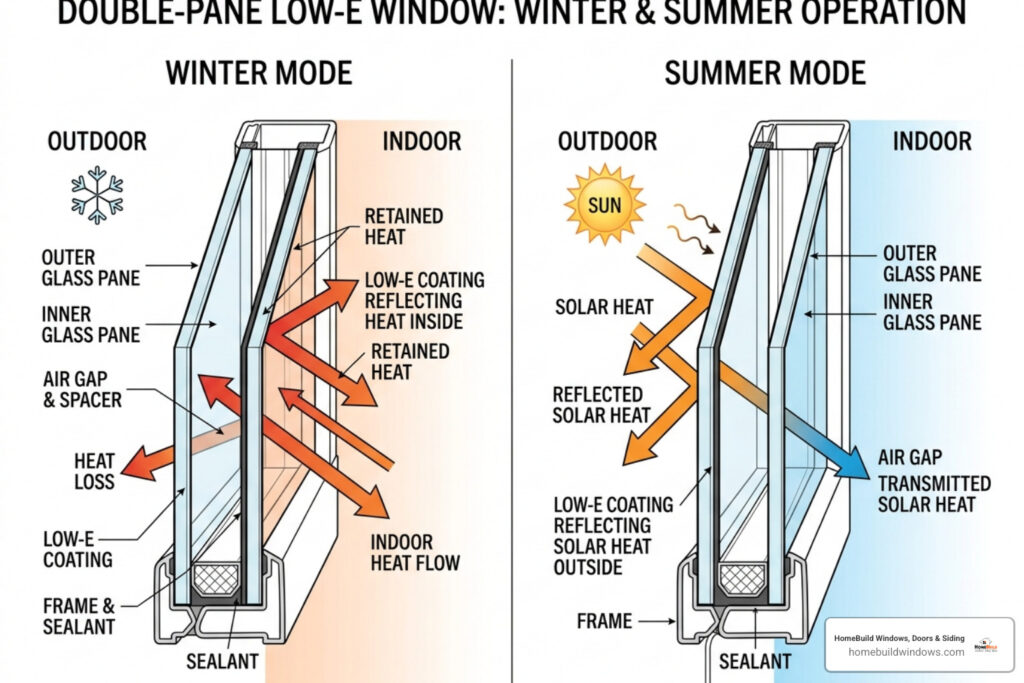 Diagram showing heat reflection: bouncing indoor heat back inside during winter and reflecting solar heat away during summer