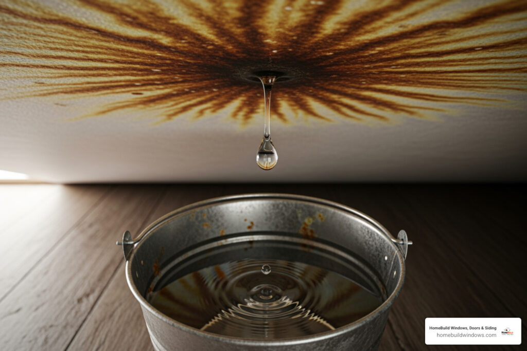 water-stained ceiling with a drip - emergency roofers near me