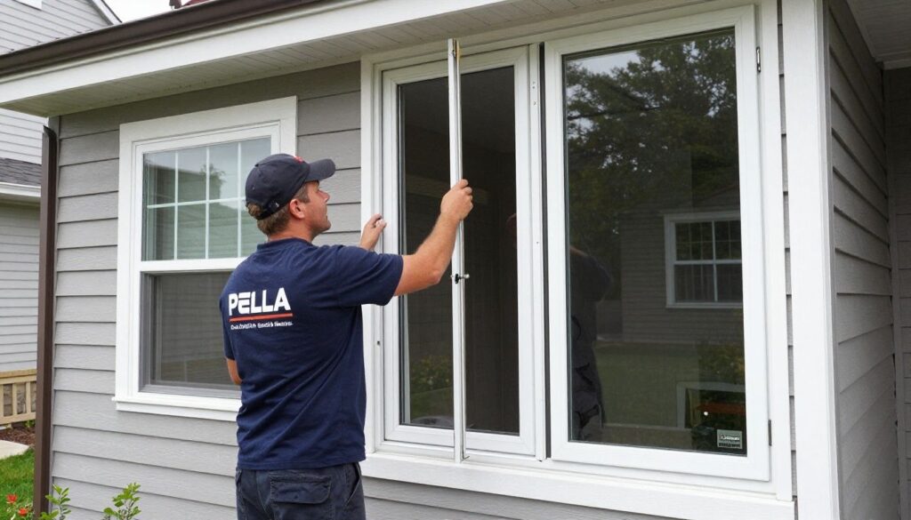 A professional window installation contractor wearing a company shirt standing outside a modern suburban home in the Chicago area, inspecting a high-quality new window frame with Pella and Andersen certification badges visible nearby.