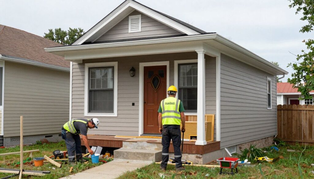 A professional construction crew from HomeBuild Windows, Doors & Siding performing a high-quality siding replacement on a classic Chicago bungalow home.