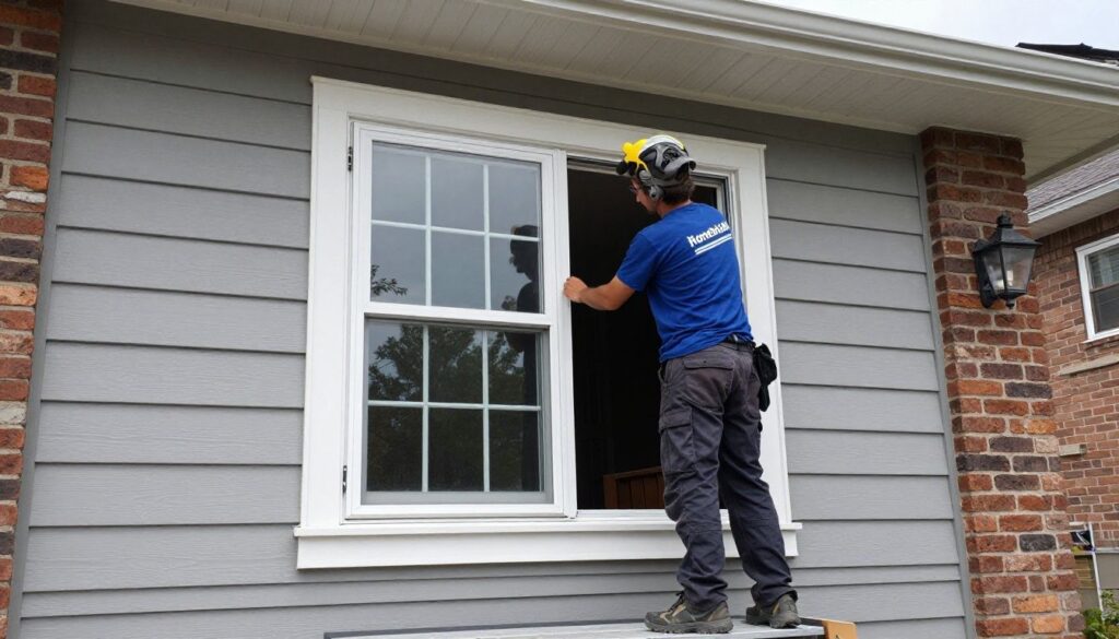 A professional craftsman from HomeBuild Windows, Doors & Siding overseeing a high-quality energy-efficient window replacement installation on a beautiful Chicago-area home.