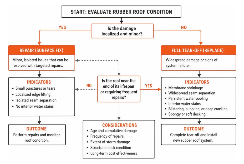 Process flow diagram comparing repair vs full rubber roof tear off decision tree