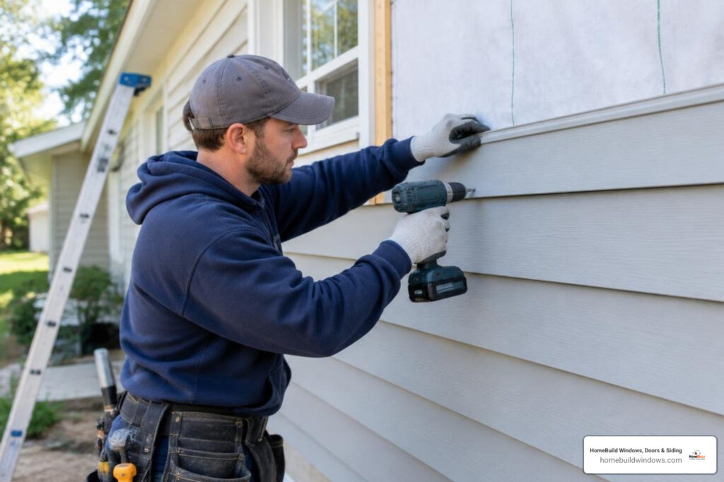 Installer fitting siding panels on a house exterior