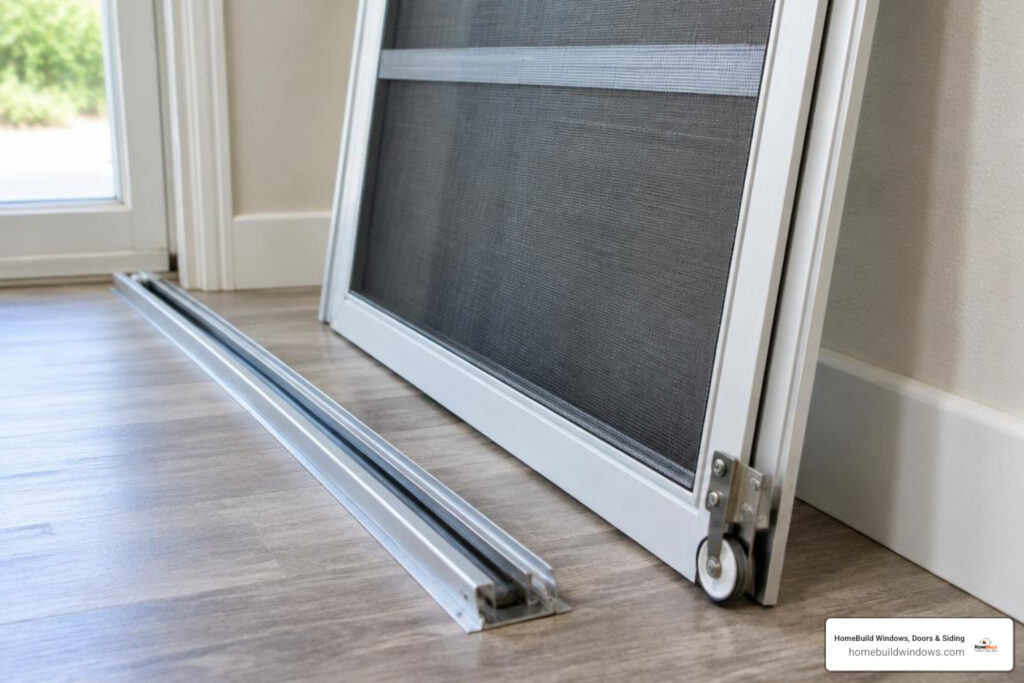 Patio screen door resting beside its track