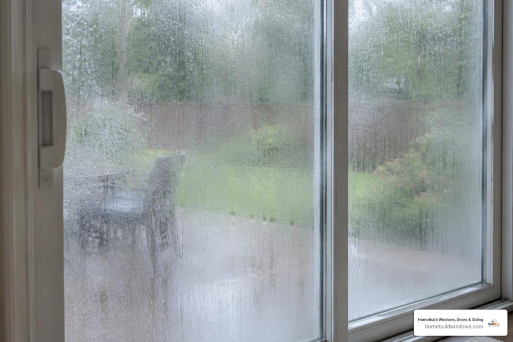 Fogged double-pane patio door with condensation between the glass panes